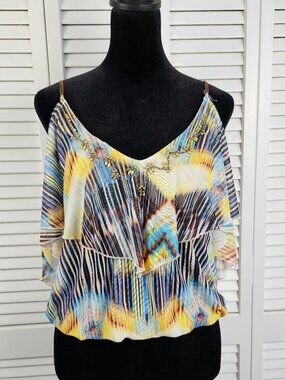 Y2K Bebe Ruffle Cold Shoulder Beaded Top Gold Chain Straps Size Small NWT